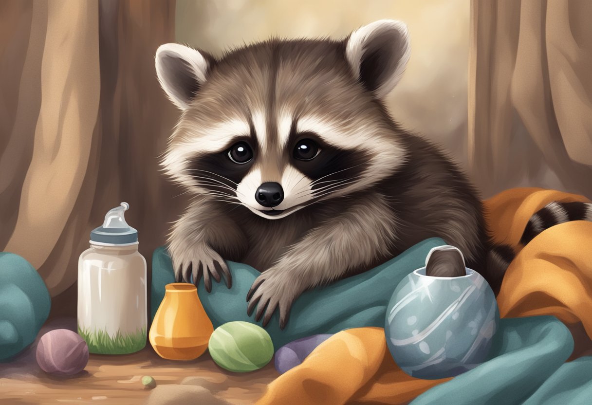 A baby raccoon being fed with a small bottle, surrounded by blankets and toys in a cozy, warm environment