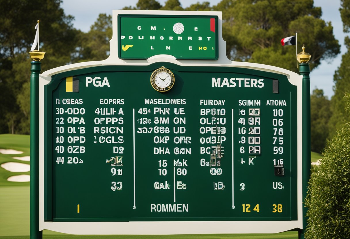 A lush green golf course with flags marking the holes. A scoreboard displaying the names of major tournaments like The Masters, U.S. Open, The Open Championship, and the PGA Championship