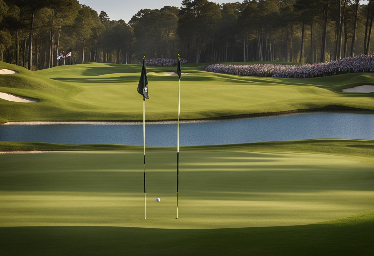 A panoramic view of iconic golf courses with flags marking the Major Tournaments. Each tournament is visually represented with distinct branding and signage