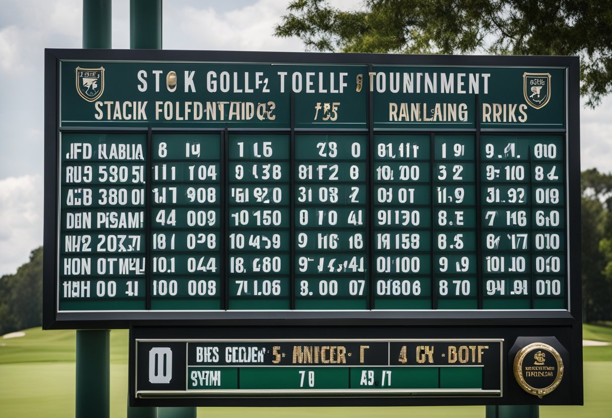 A scoreboard displays major golf tournament rankings based on criteria such as prize money, player field, and historical significance