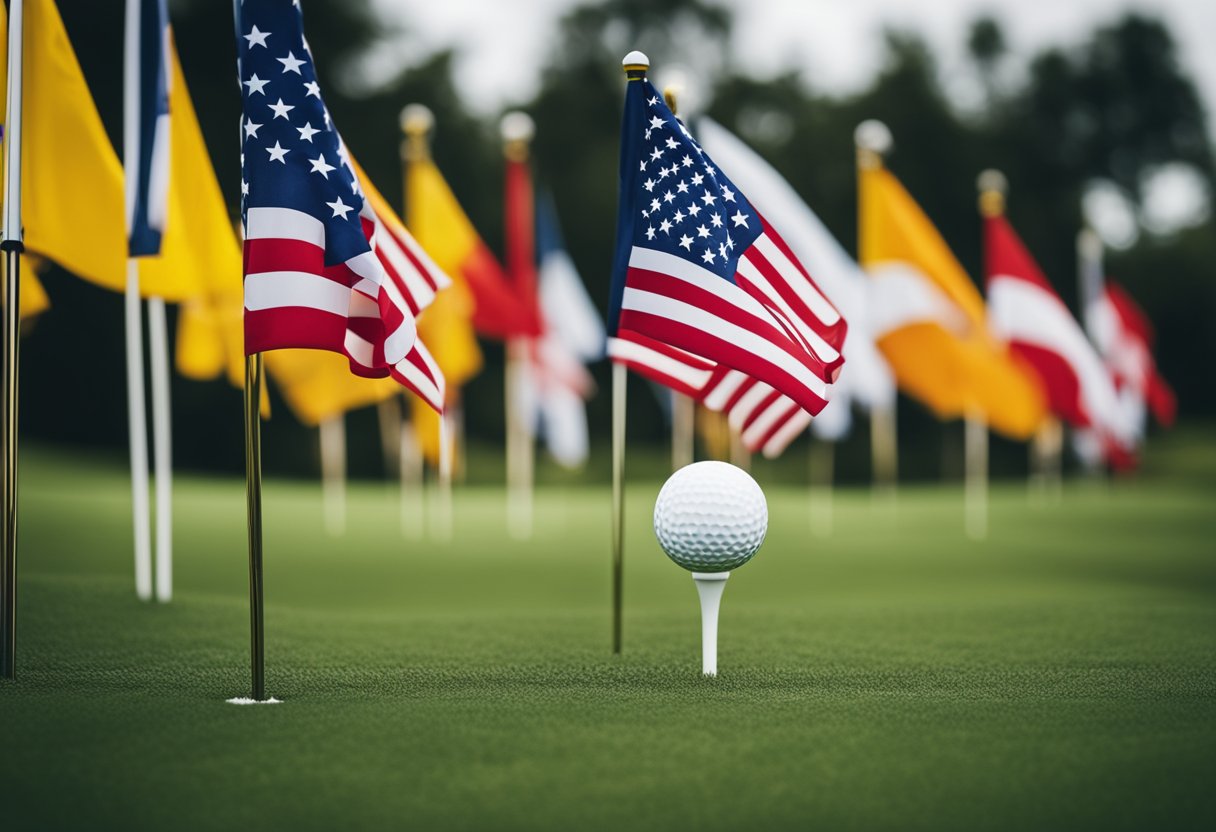 A golf course with flags marking different tournaments, ranked by size and prestige. Trophy symbols indicate top events