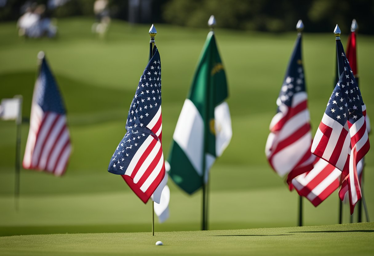 A lush green golf course with flags marking the major tournaments. The Masters, US Open, The Open, and PGA Championship are ranked in order of historical significance