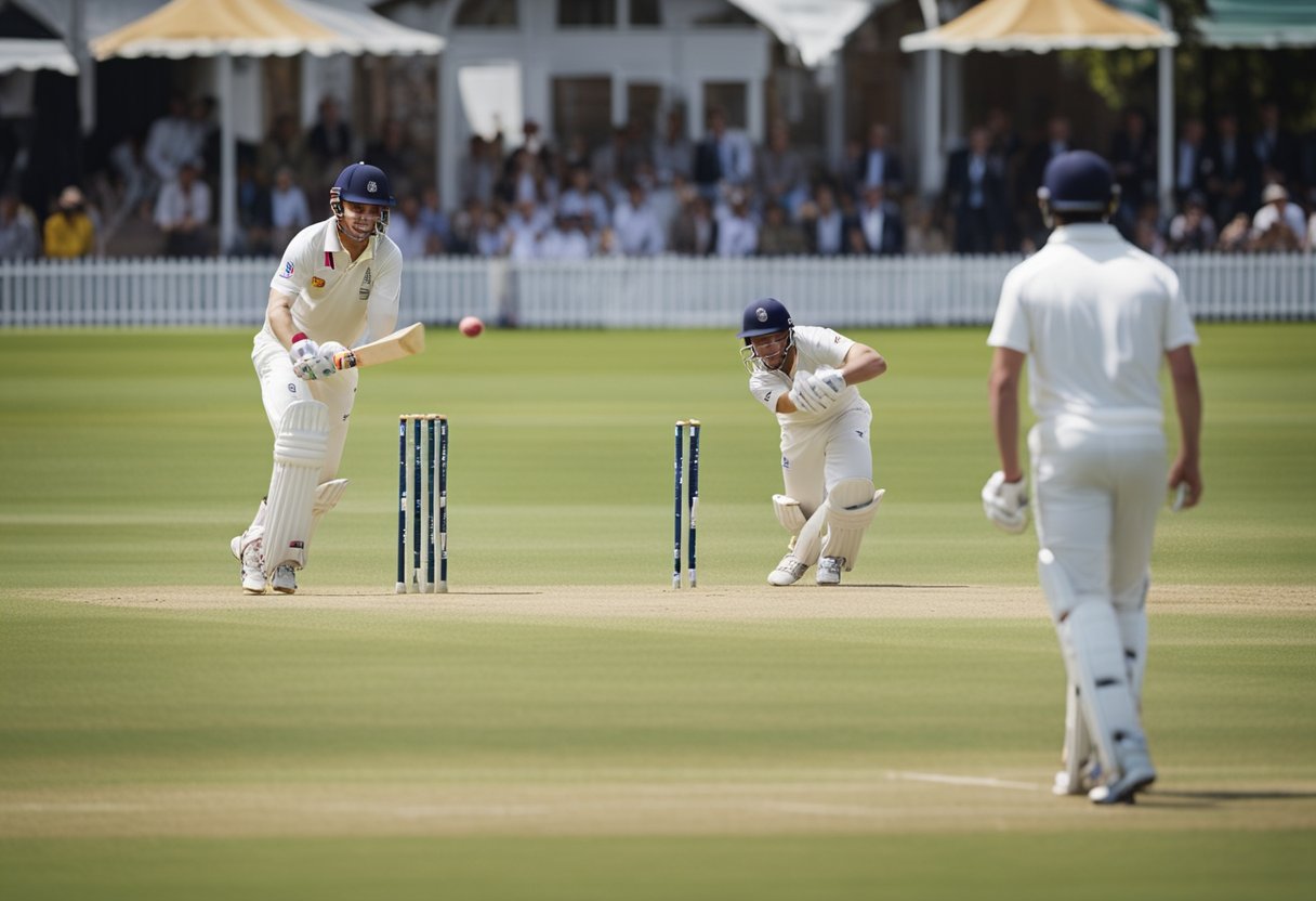 The scene depicts a cricket field with two teams, representing England and Australia, engaged in a competitive match. The atmosphere is intense, with spectators cheering and players showcasing their skills