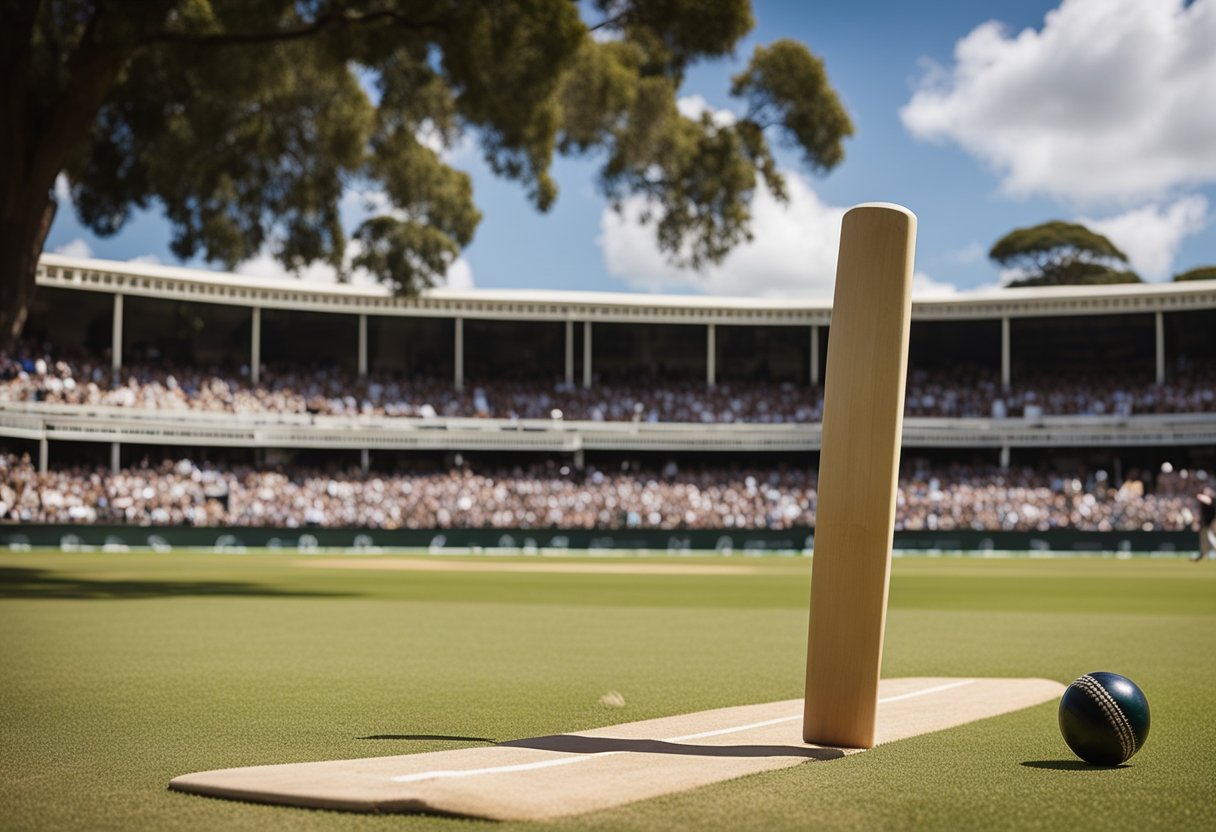 A cricket bat and ball lie on a field, surrounded by spectators and historical landmarks, representing the significance of the Ashes series