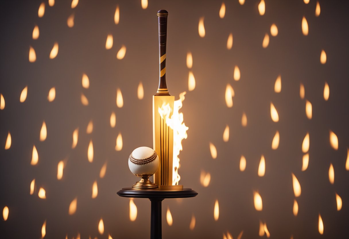 A cricket bat and ball sit atop a pedestal, surrounded by flames. A laurel wreath hangs above, symbolizing victory and honor. The scene evokes the historical significance of the Ashes series in cricket