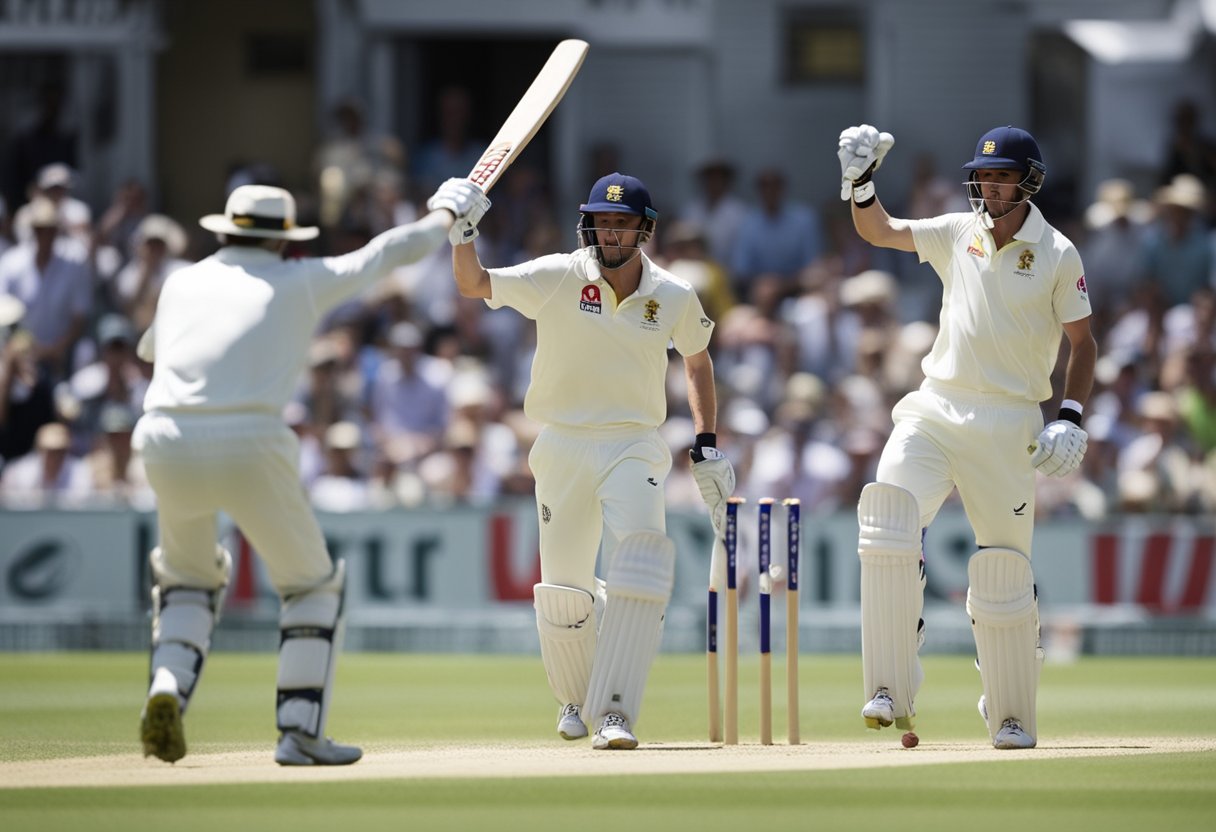 Two cricket teams face off, flags waving, as fans cheer. The historic Ashes series symbolizes intense rivalry and national pride