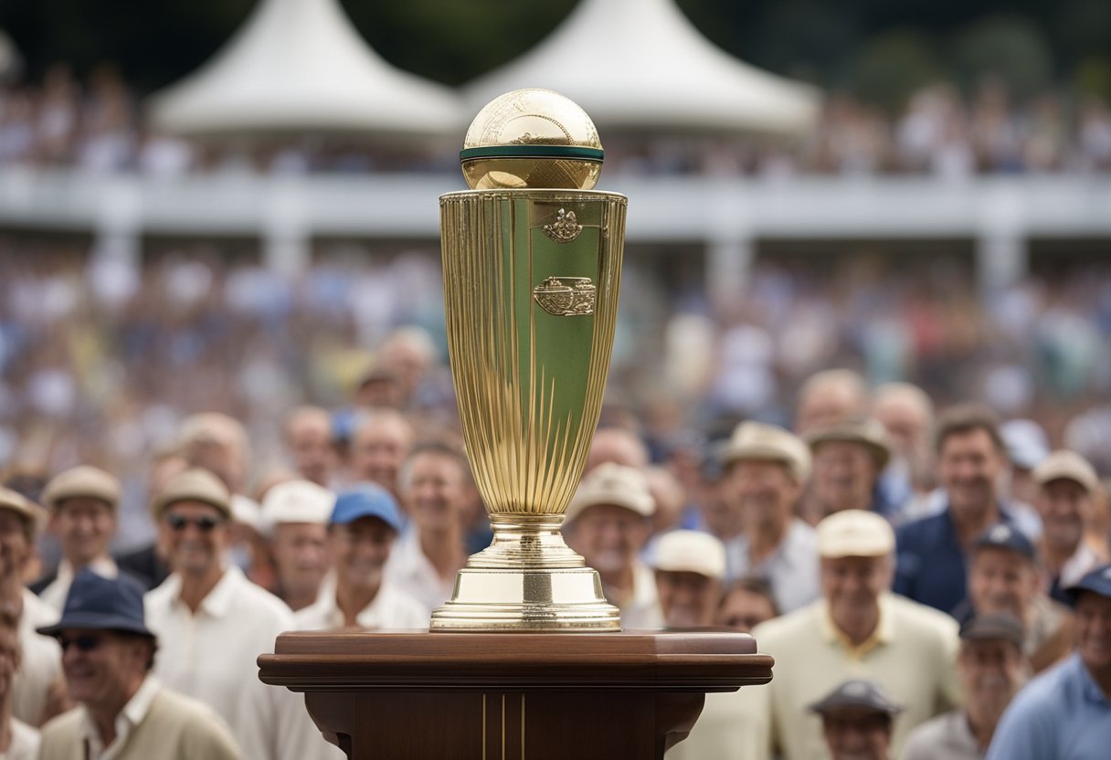 A cricket bat and ball sit atop a podium, surrounded by a crowd of cheering fans, with the iconic Ashes urn in the background