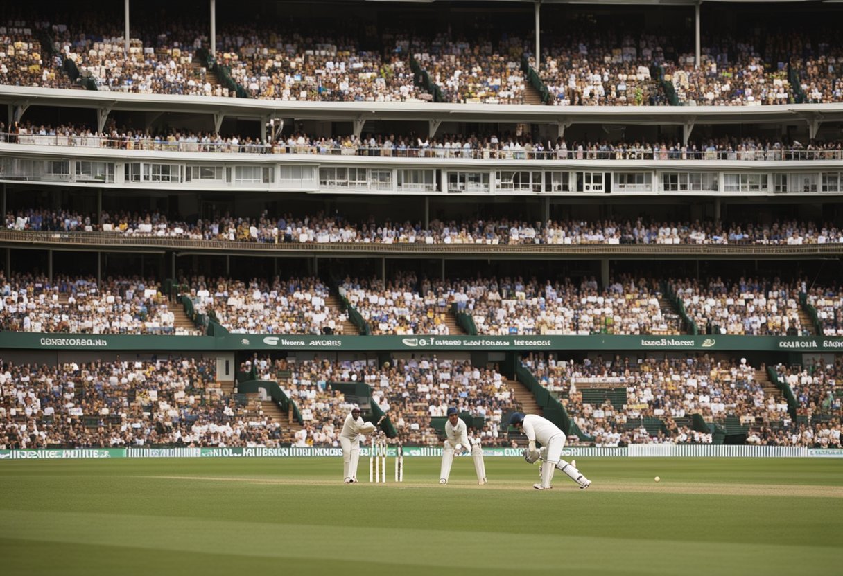 A packed stadium watches as two cricket teams face off in the iconic Ashes series, symbolizing the historic rivalry and impact on international cricket