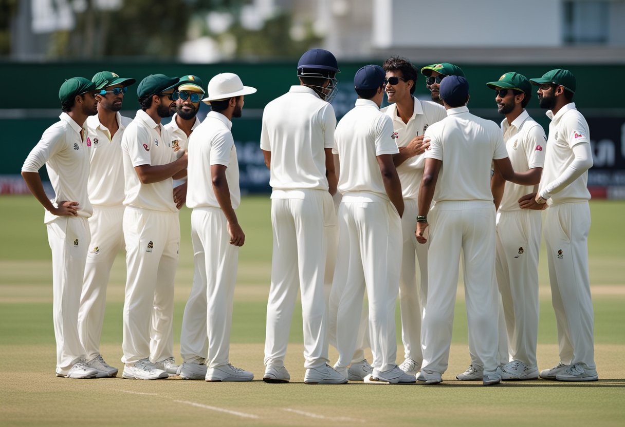 A cricket team strategizes in a huddle, discussing game plans and tactics for success in a Test Cricket league