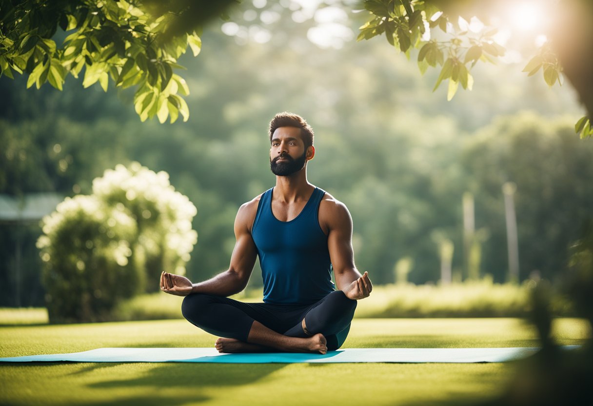 A cricket player practices yoga and meditation in a serene outdoor setting, surrounded by lush greenery and clear blue skies