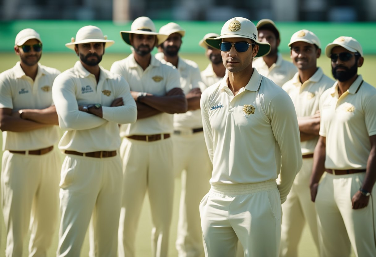 A captain stands at the center of a cricket field, surrounded by teammates in various positions, strategizing and communicating