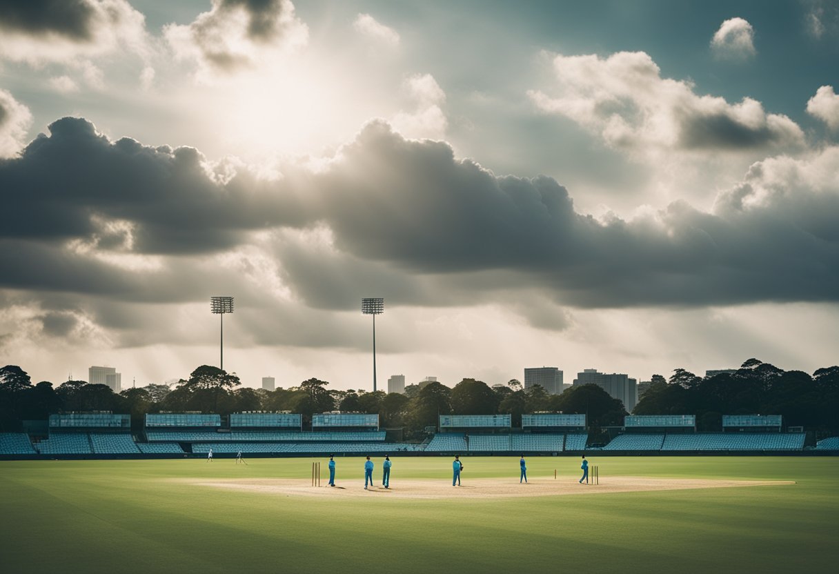 A cricket field with changing weather, pitch conditions, and player strategies