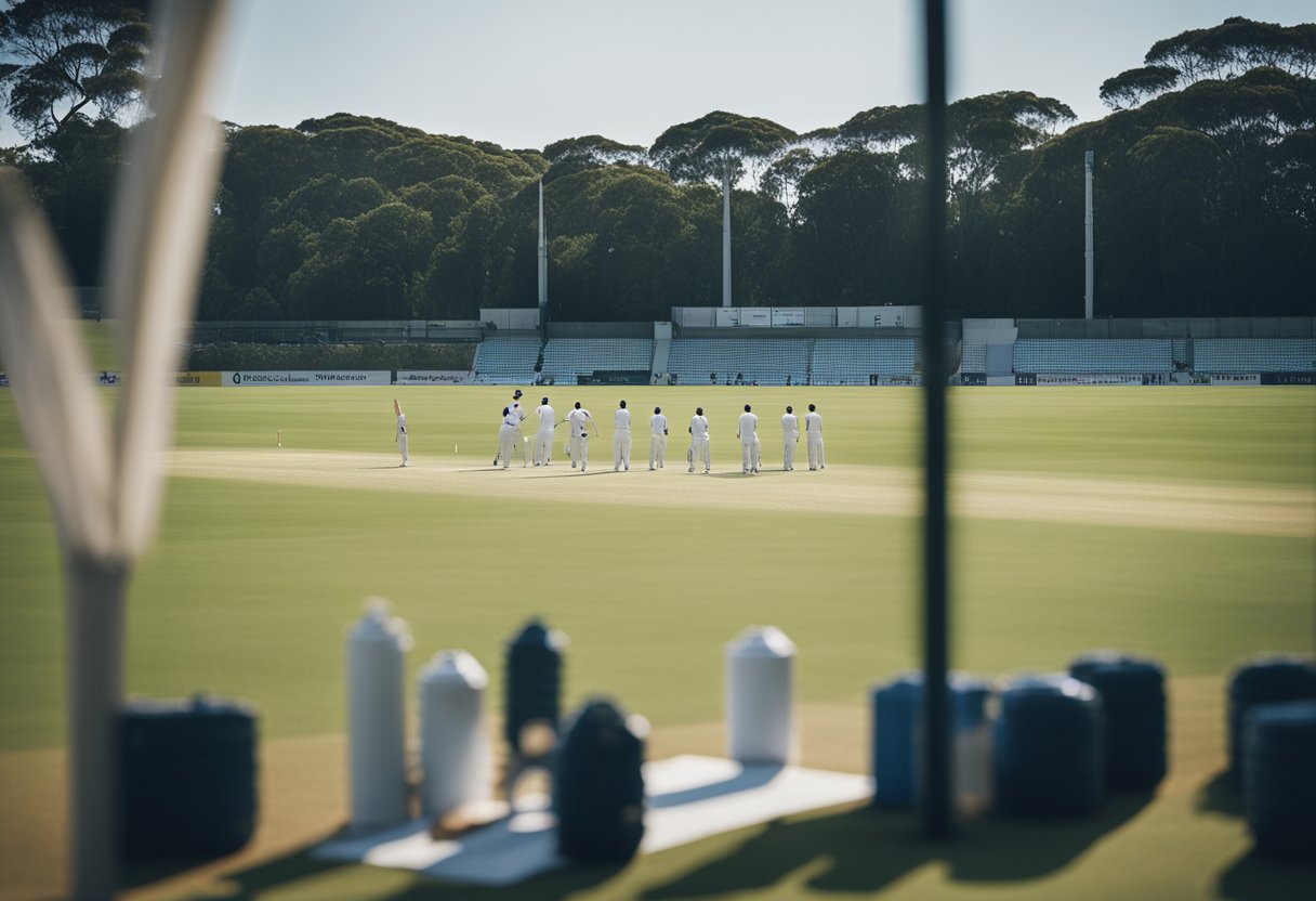 A cricket field with players strategizing, whiteboard with game plan, and scoreboard showing key strategies for success in test cricket leagues