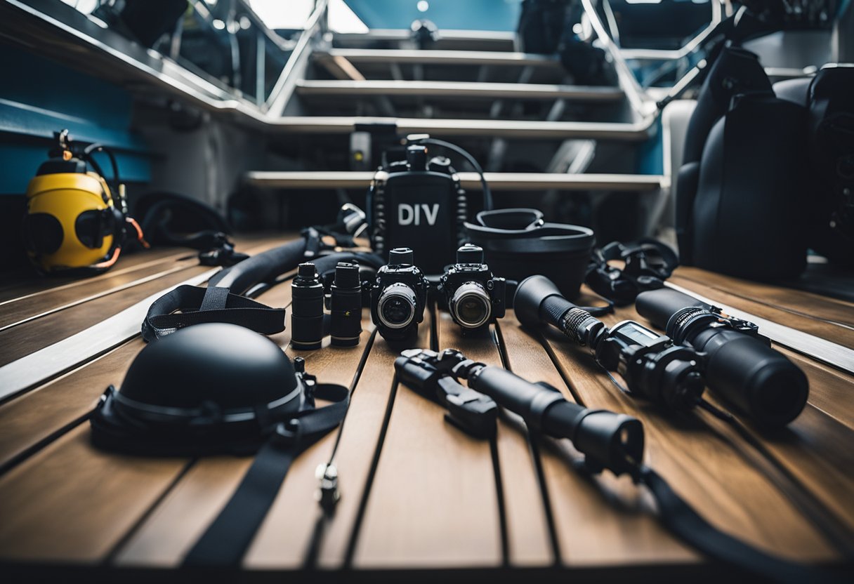 Dive gear laid out on a boat deck, tanks being checked, divers preparing for a liveaboard dive in the Maldives