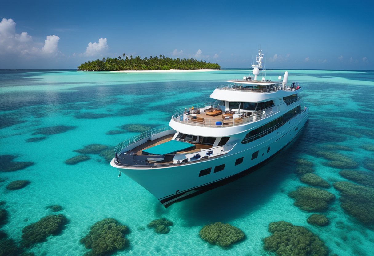 A liveaboard boat cruises through crystal-clear waters, surrounded by vibrant coral reefs and teeming marine life in the Maldives