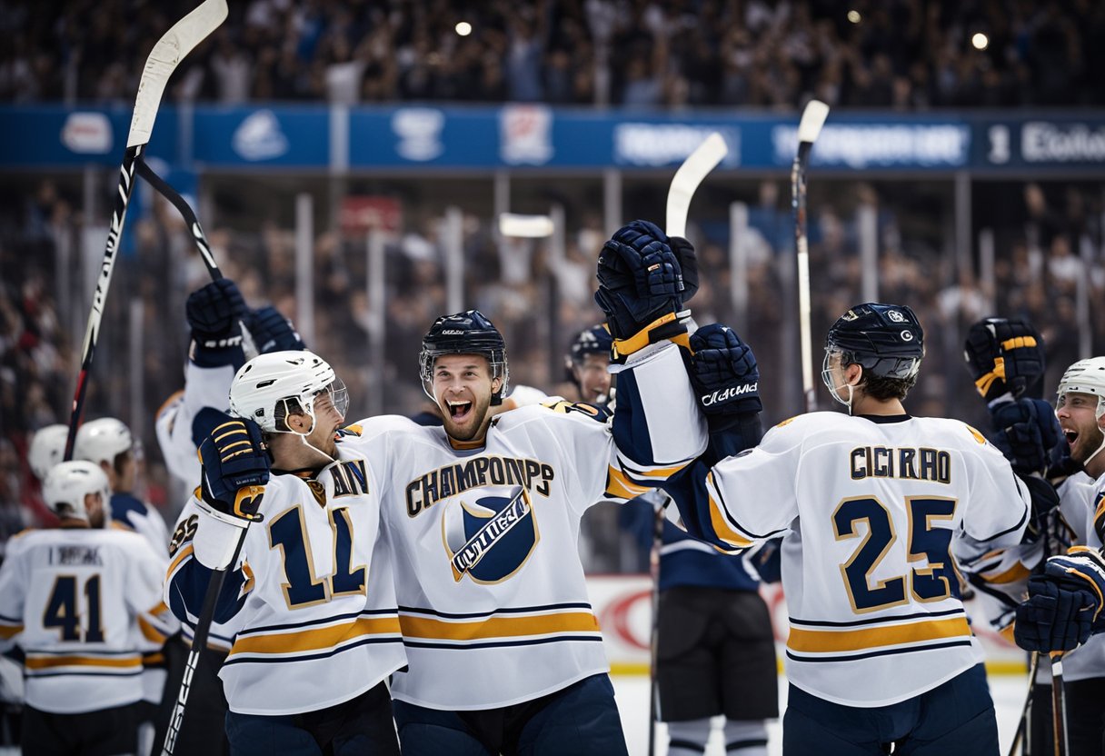 A team of hockey players celebrates on the ice after winning the championship game. The crowd cheers as the players raise their sticks in triumph