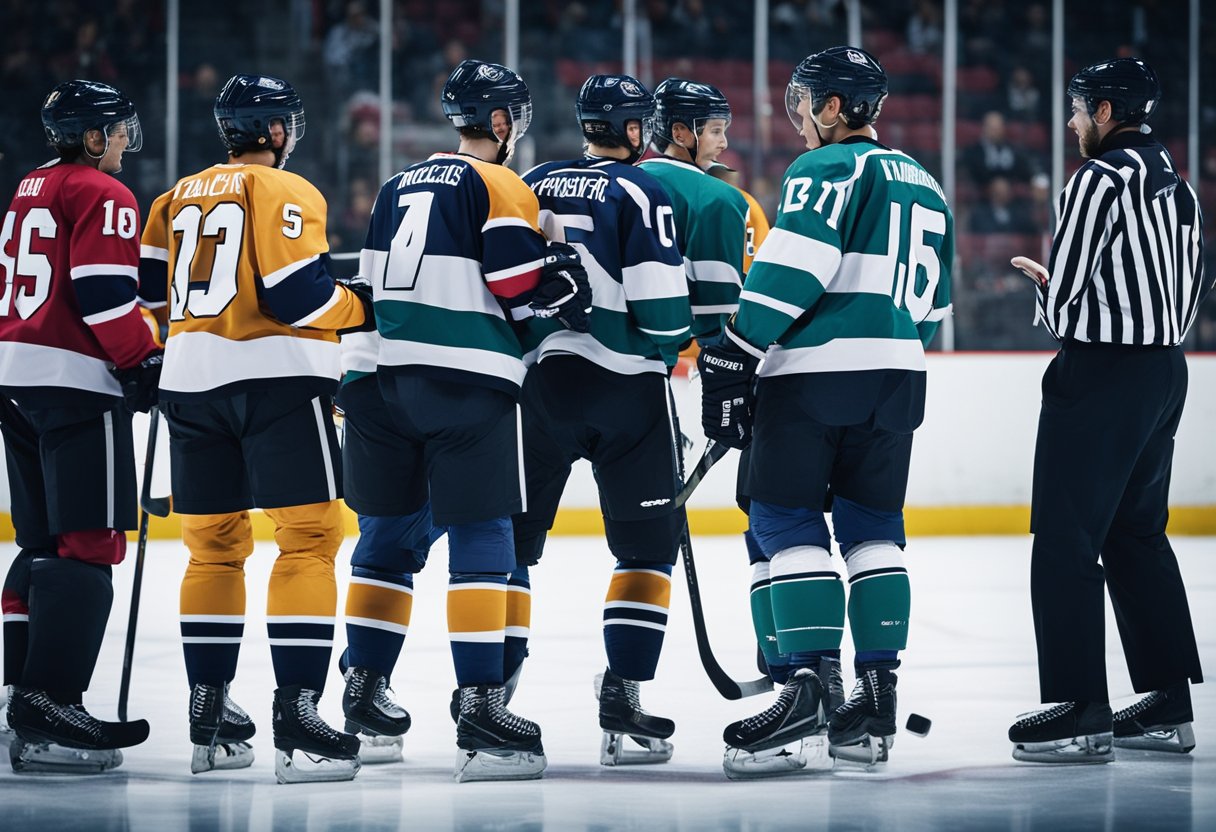 A group of hockey players strategize on the ice, discussing game plans and teamwork. The coach watches from the sidelines, offering guidance and support