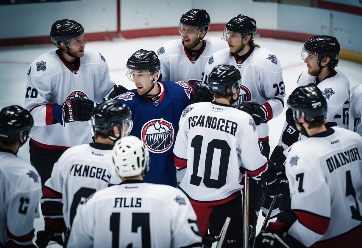 Hockey players strategize on the ice, mapping out plays and formations to secure a championship win