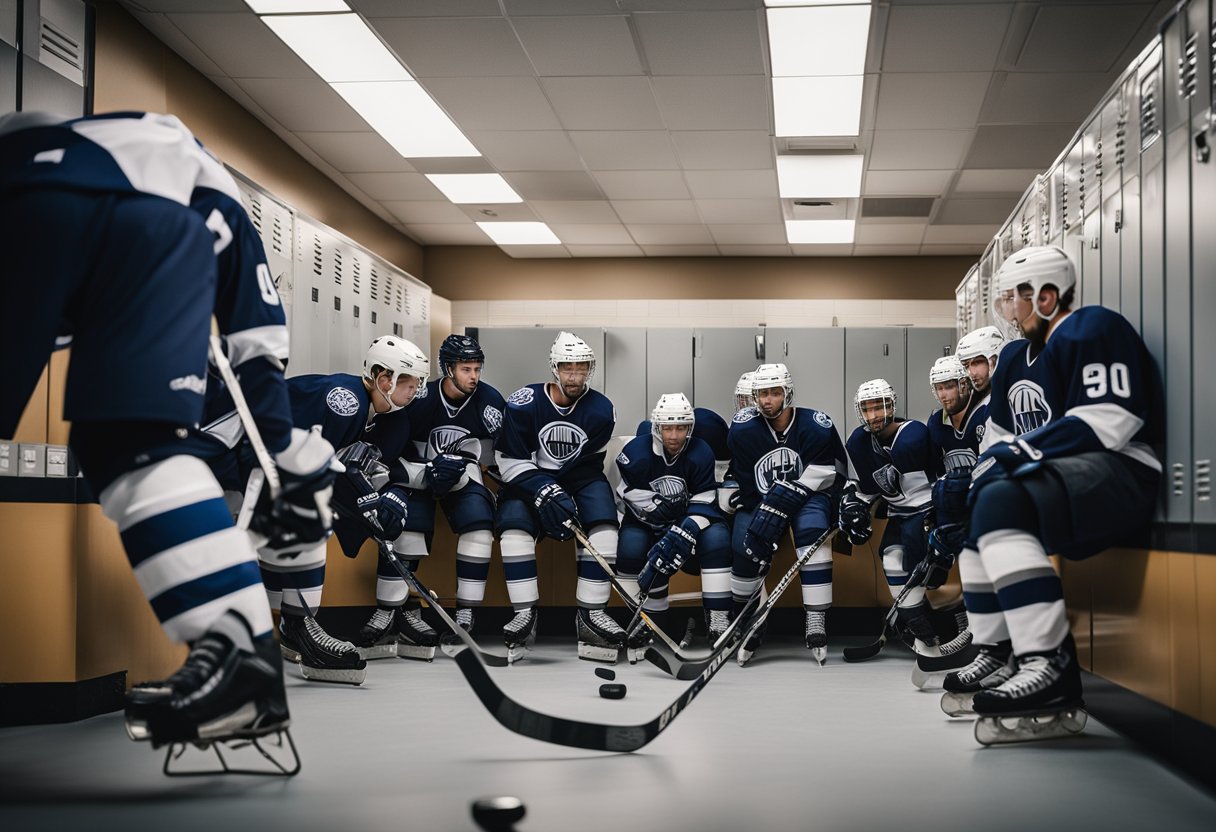 Hockey players gather in a locker room, lacing up skates and mentally focusing. Coaches strategize on a whiteboard, emphasizing teamwork and determination