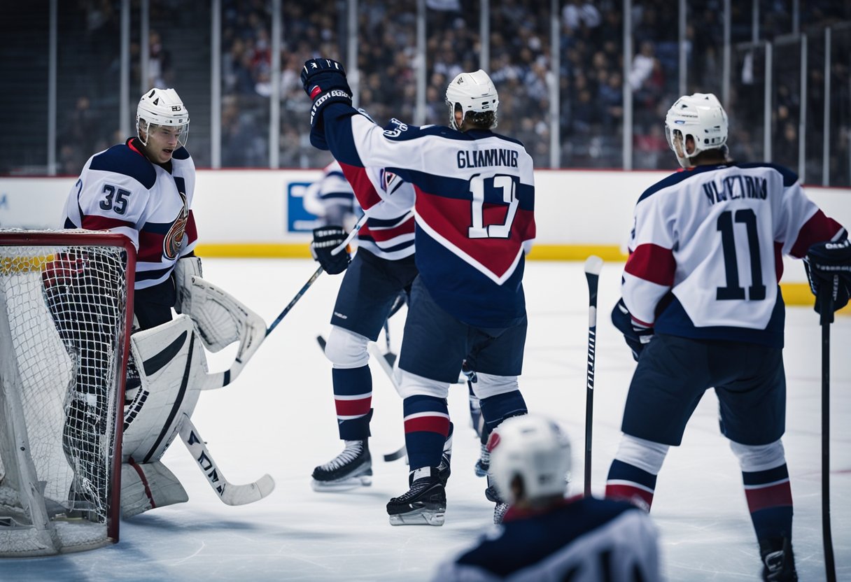 Hockey players strategize on the ice, communicating and coordinating plays to win the championship