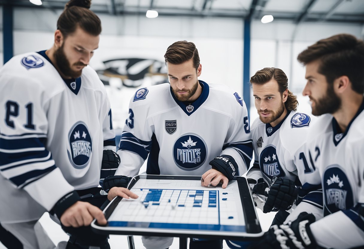 Hockey players strategize on a whiteboard, discussing game plans and analyzing statistics for winning a championship