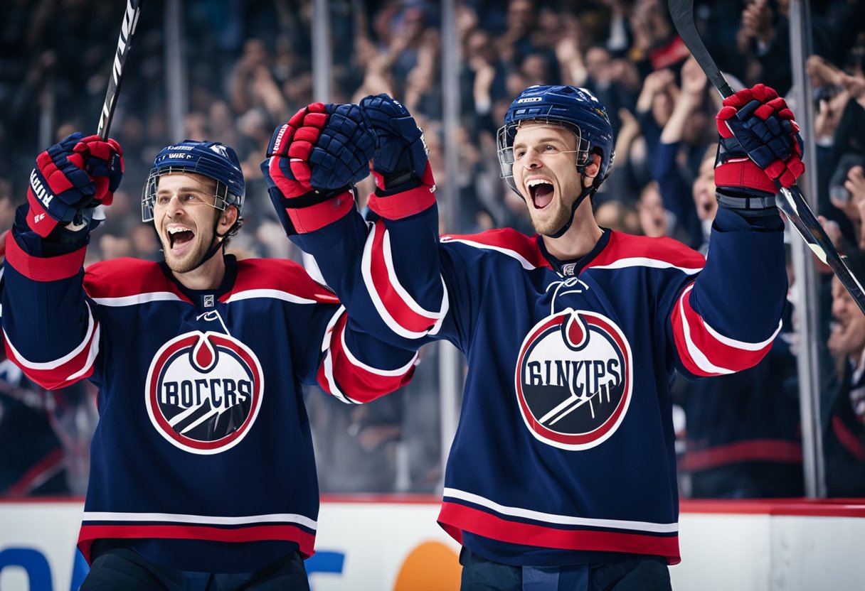 Hockey players celebrate a dramatic playoff comeback, with fans cheering in the stands