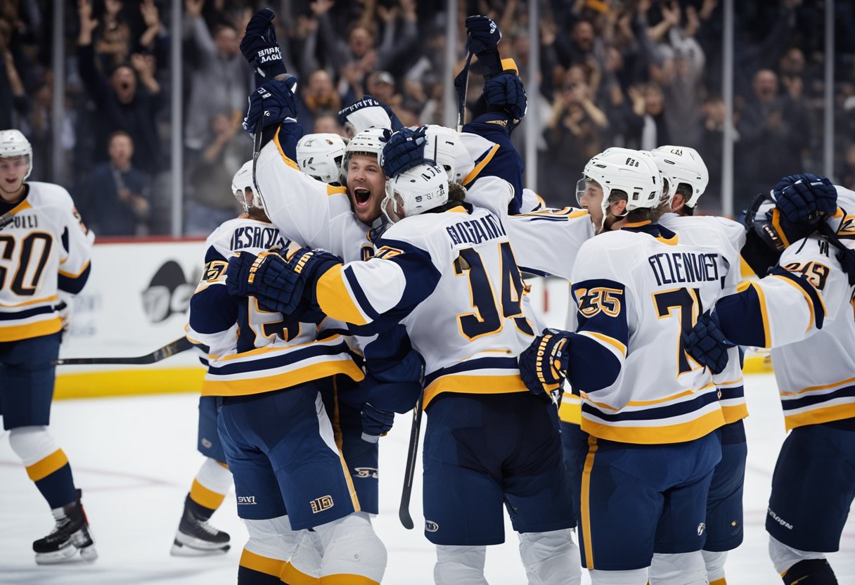 A team celebrates on the ice as they come back from a large deficit in a playoff game, with fans cheering and players embracing in jubilation