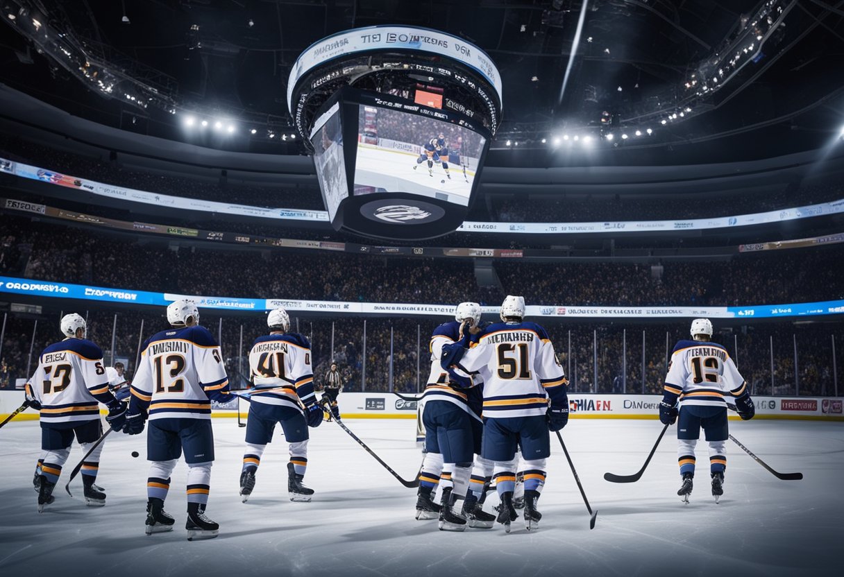 Hockey players celebrate a dramatic comeback win, fans cheer, and the scoreboard displays the final score