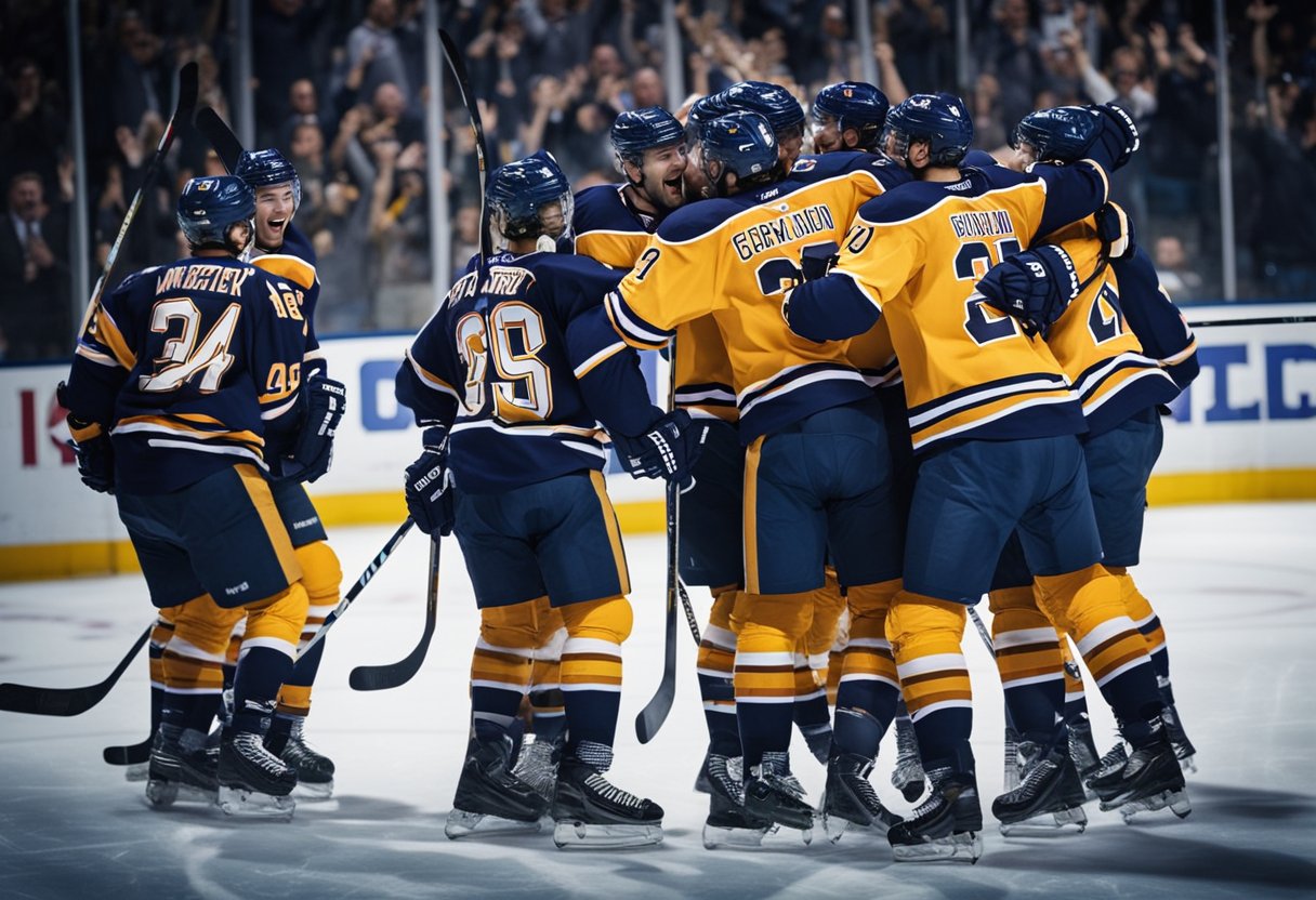 Intense hockey game: Team celebrates after scoring game-winning goal in dramatic playoff comeback. Crowd erupts in cheers