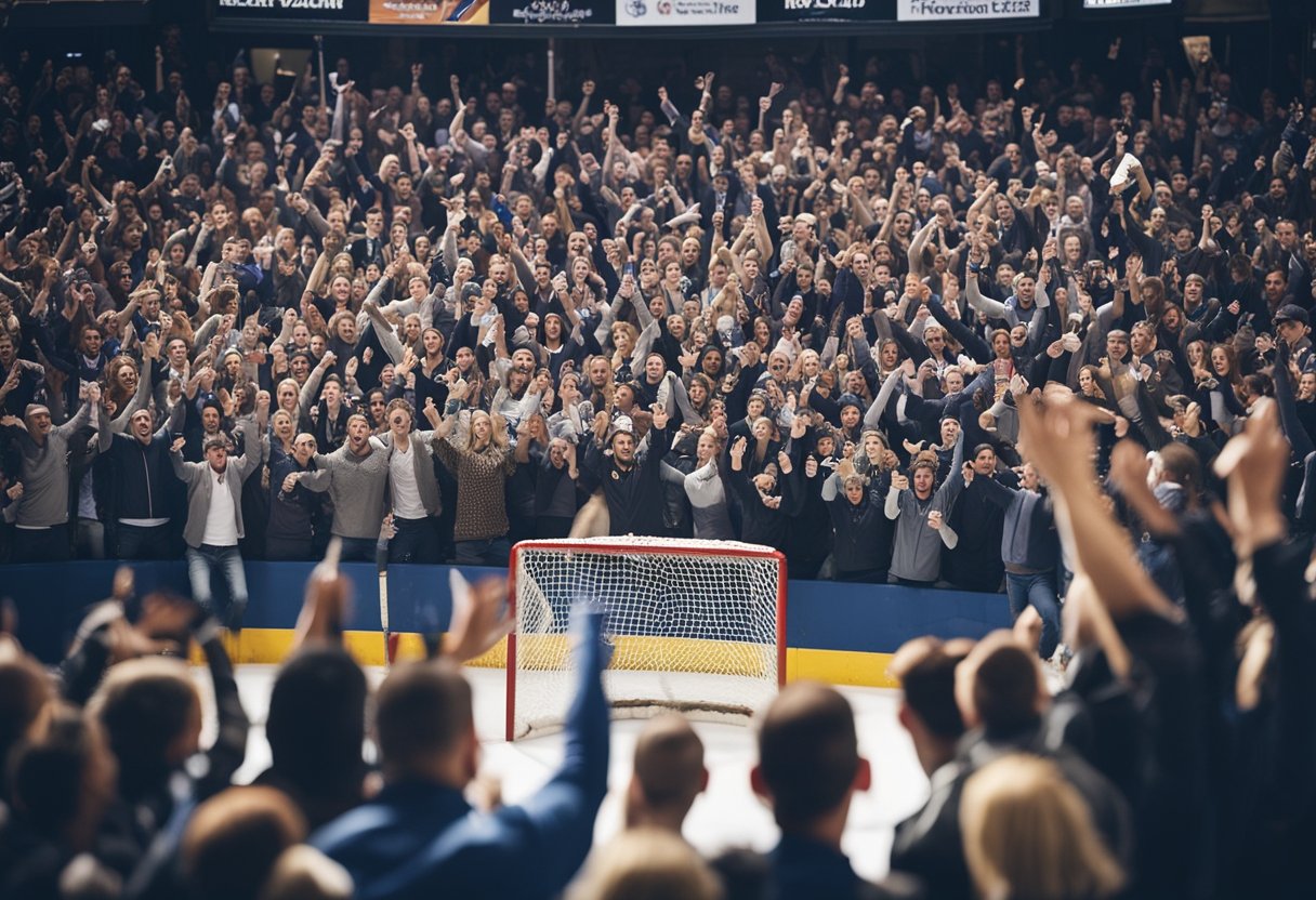 A hockey puck soaring into a goal net, surrounded by a crowd of cheering fans and players celebrating a historic comeback victory