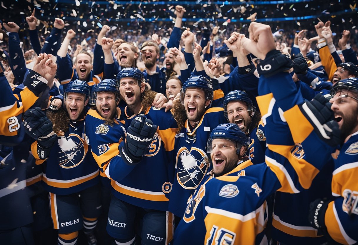 A hockey team celebrates a dramatic comeback victory, surrounded by cheering fans and confetti, symbolizing the cultural significance of hockey comebacks