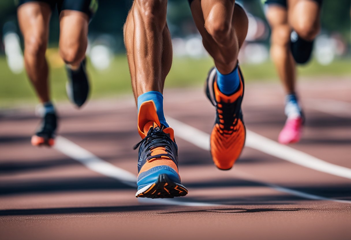 A runner powering through a long-distance race, sweat glistening, breathing steady, and determination in their eyes. They maintain a strong, steady pace, showing no signs of fatigue