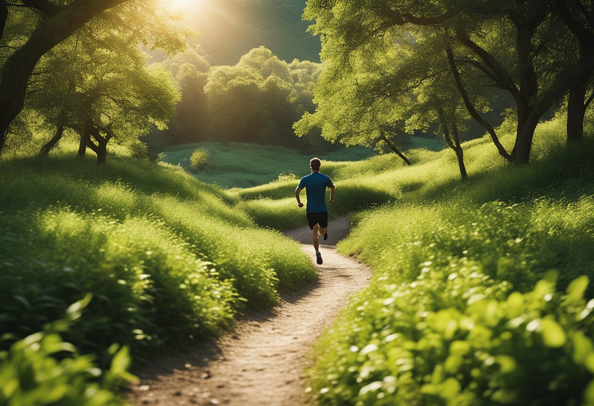 A figure running on a winding path through a lush, hilly landscape, with a clear blue sky overhead and the sun shining brightly