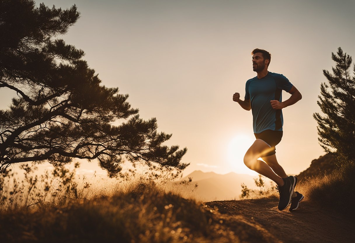 A runner conquering a steep hill with determination and focus. The sun is setting in the background, casting a warm glow over the scene