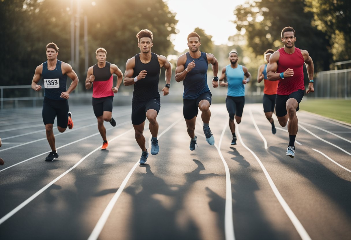 A group of athletes are engaged in high-intensity interval training, alternating between sprints and recovery periods. The atmosphere is intense and focused, with sweat glistening on their determined faces