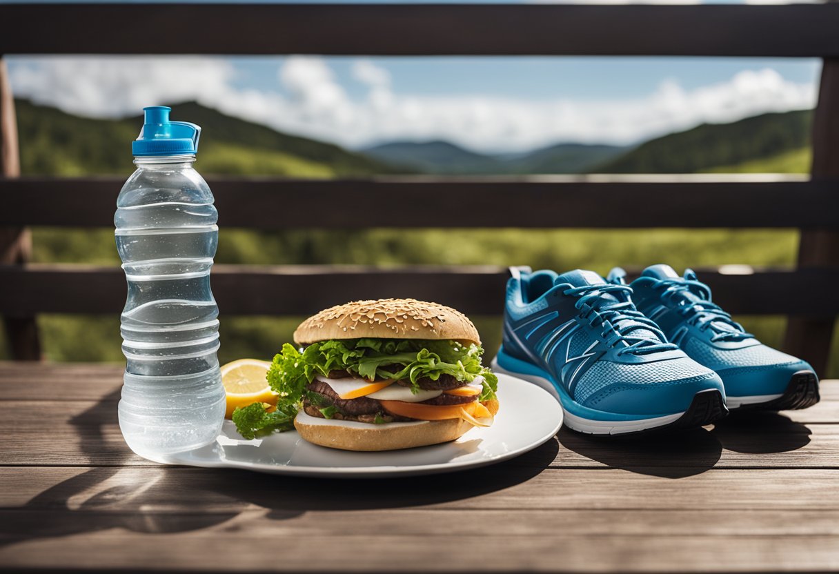 A water bottle and a balanced meal on a table next to running shoes and a stopwatch. A trail leading into the distance