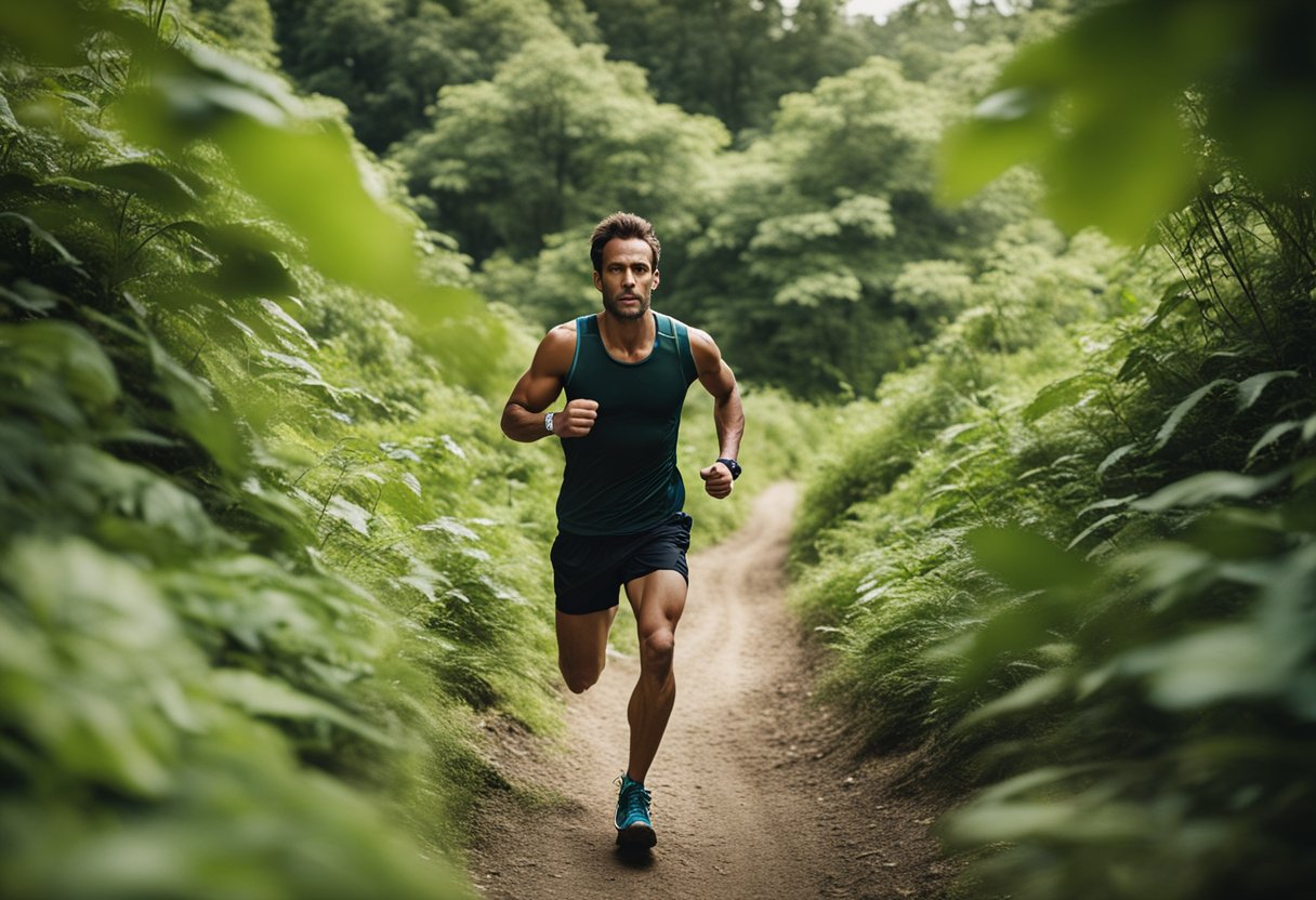 A runner powering through a challenging trail, surrounded by lush greenery and pushing past fatigue with determination