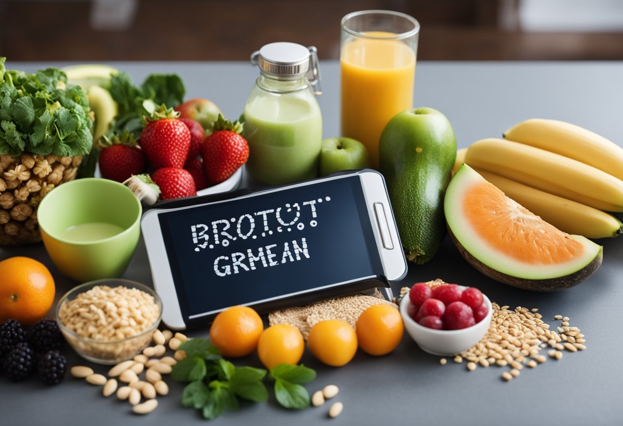 A table filled with colorful fruits, vegetables, and whole grains. A water bottle and protein shake sit next to a workout plan and a stopwatch