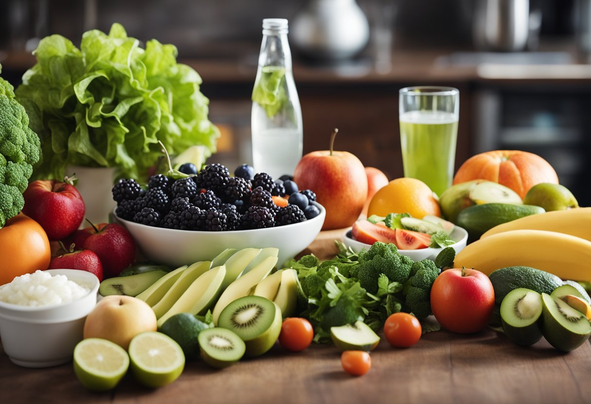 A table with a variety of nutritious foods and drinks, including fruits, vegetables, lean proteins, and water, surrounded by athletic training equipment