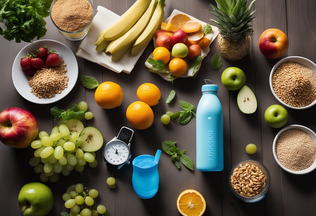 A table filled with colorful fruits, vegetables, lean proteins, and whole grains. A water bottle and sports drink sit nearby. A fitness tracker and stopwatch are on the table