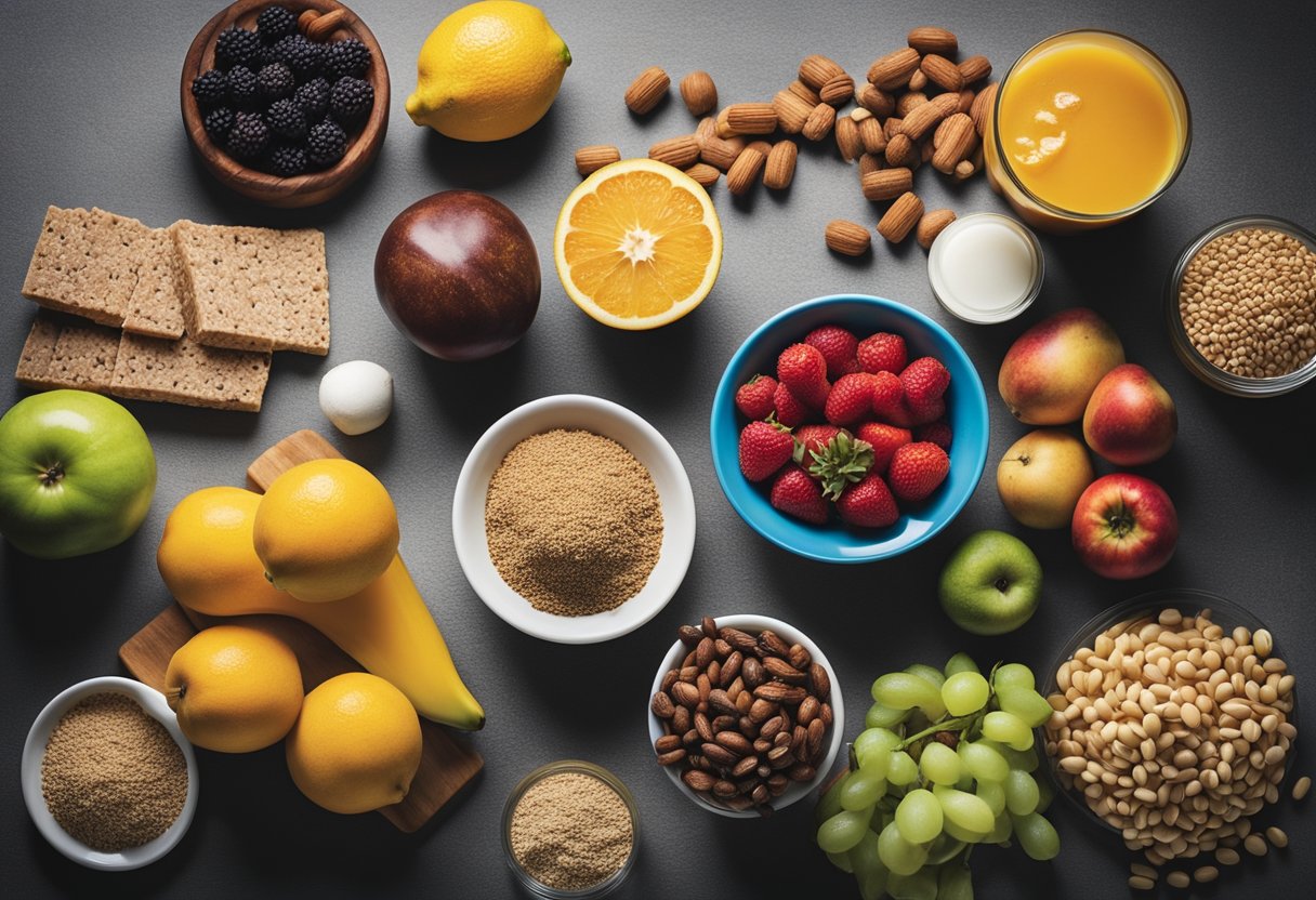 Athletic gear and a variety of nutrient-rich foods displayed on a table. A sports drink, protein bars, fruits, and vegetables are prominently featured