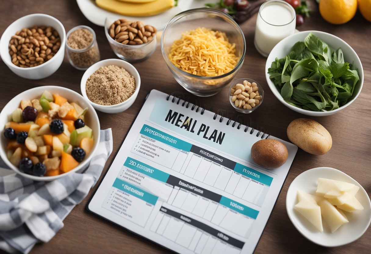 An athlete's meal plan displayed next to a training schedule, with various food groups and their nutritional impact highlighted