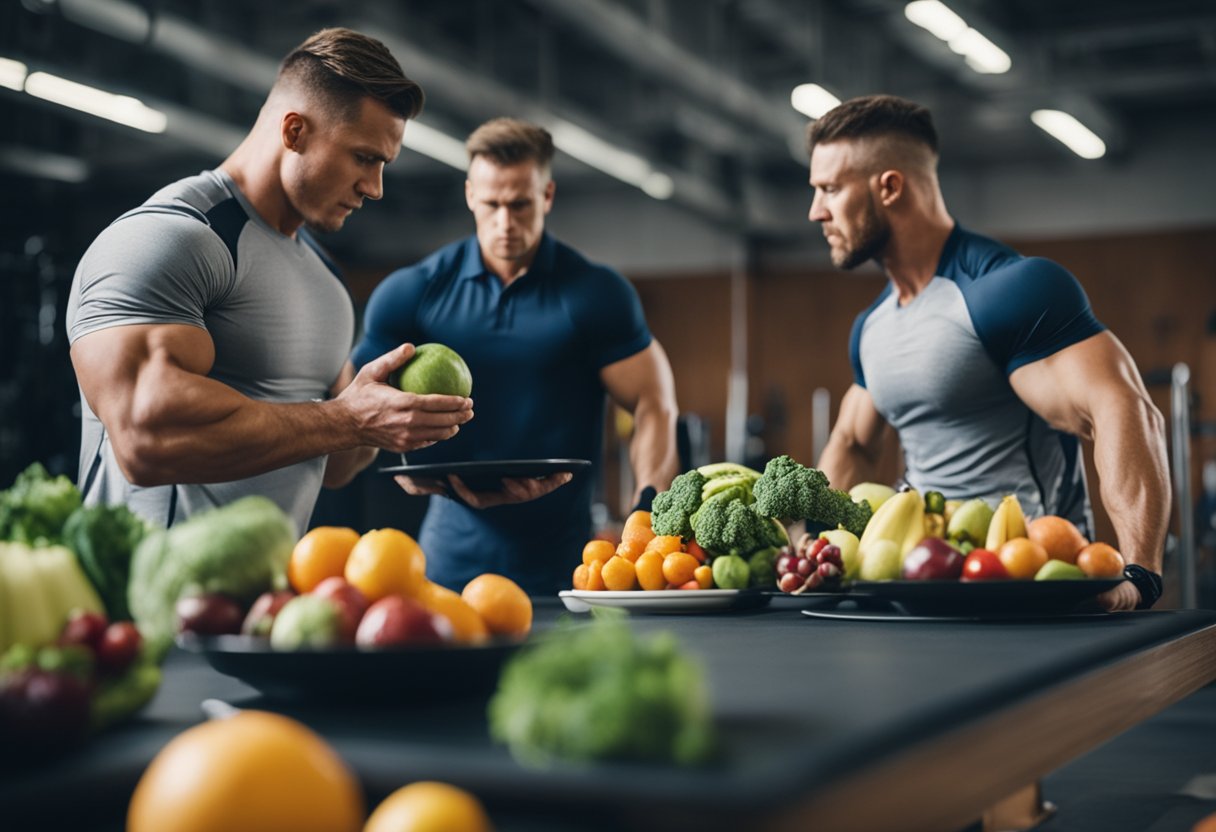 A weightlifter struggles to balance a plate of fruits and vegetables while a coach lectures on the importance of nutrition in athletic training