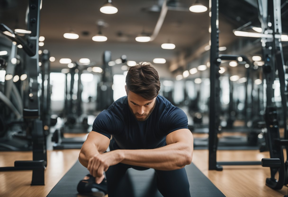 A person stretching in a gym, surrounded by exercise equipment and mirrors, with a focused expression