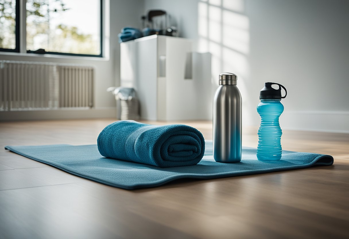 A person's workout gear laid out neatly on the floor, with a water bottle and towel nearby. The room is well-lit and inviting, creating a sense of anticipation and readiness for physical activity