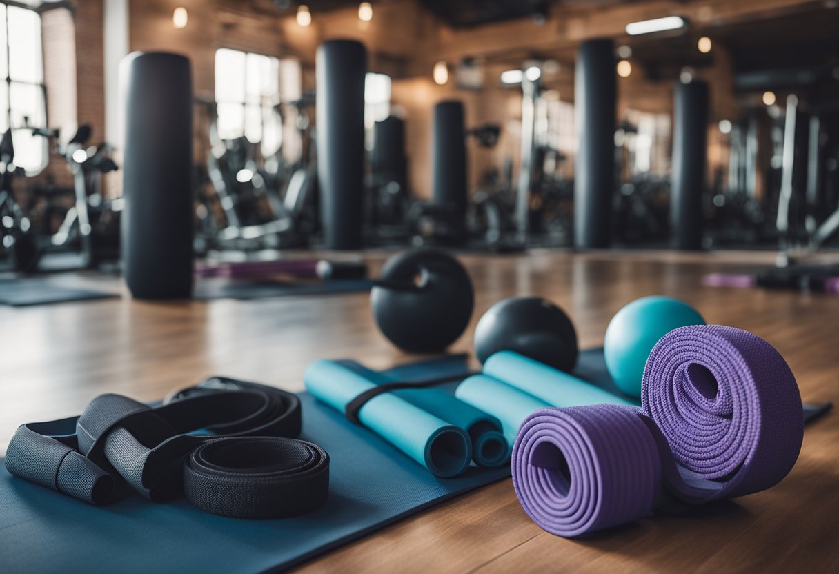 A set of exercise equipment laid out in a well-lit gym, with yoga mats, resistance bands, and foam rollers neatly arranged for a warm-up routine