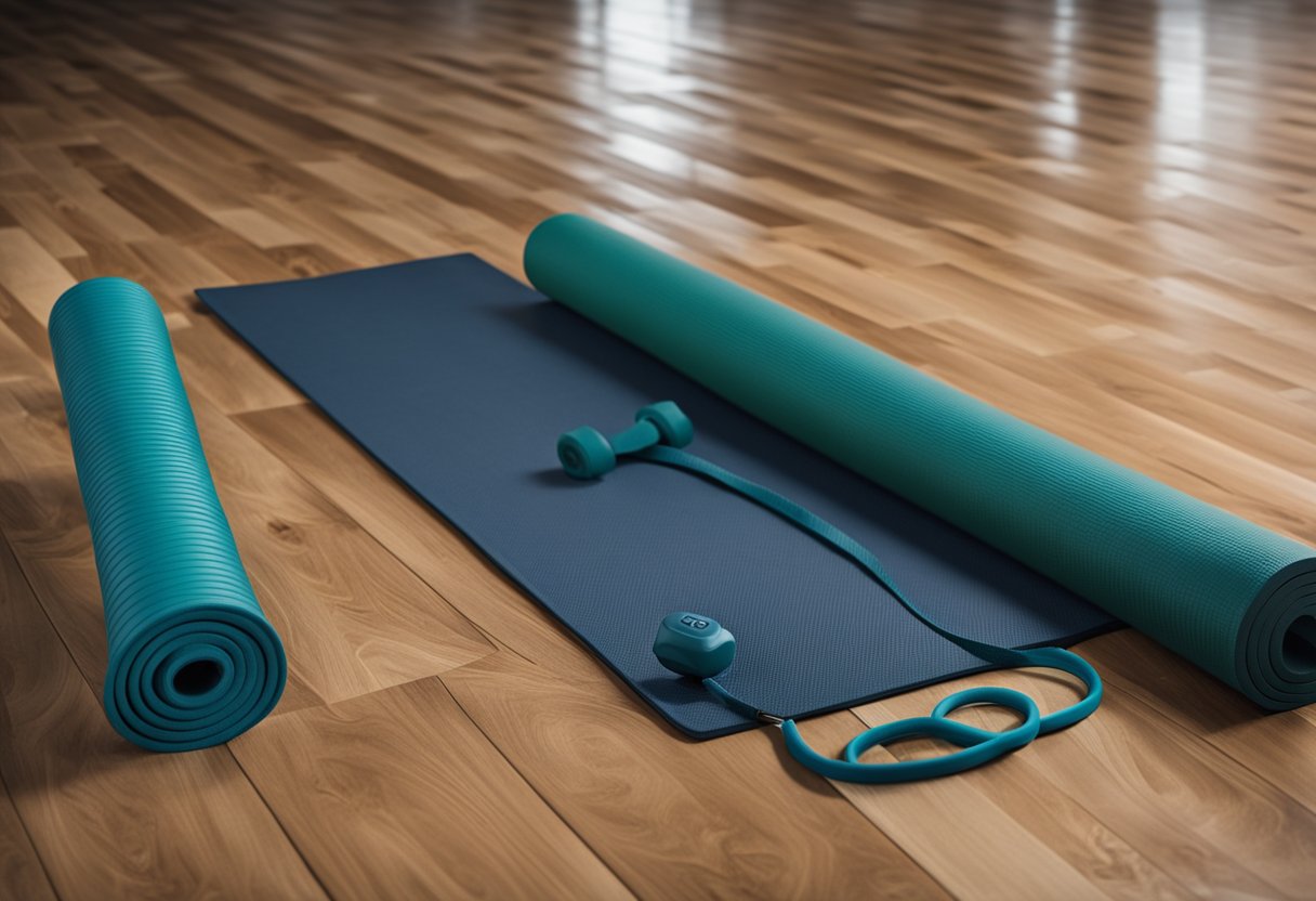 A yoga mat laid out on the floor with a pair of dumbbells, a resistance band, and a jump rope nearby. A timer set for 5 minutes, and a water bottle placed within reach