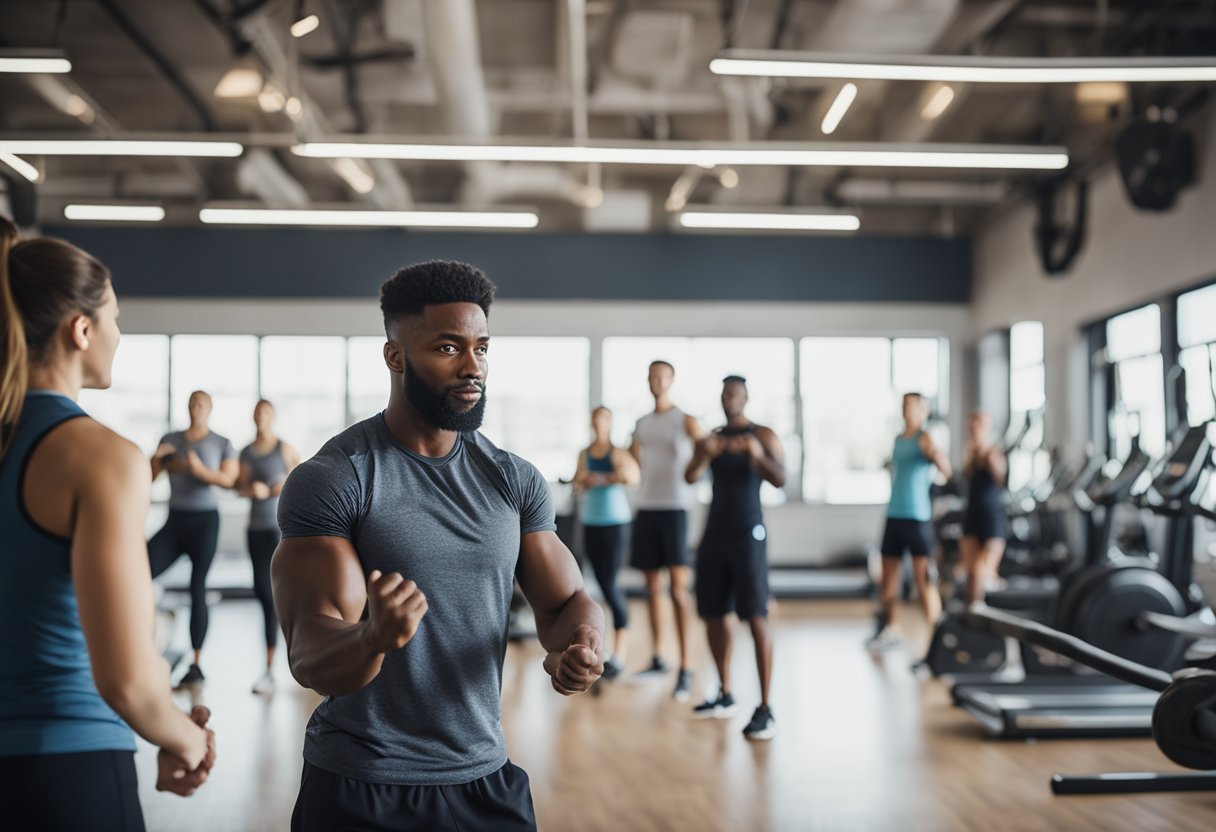 A professional trainer guiding a group through exercises in a bright, spacious gym with modern equipment and motivational posters on the walls