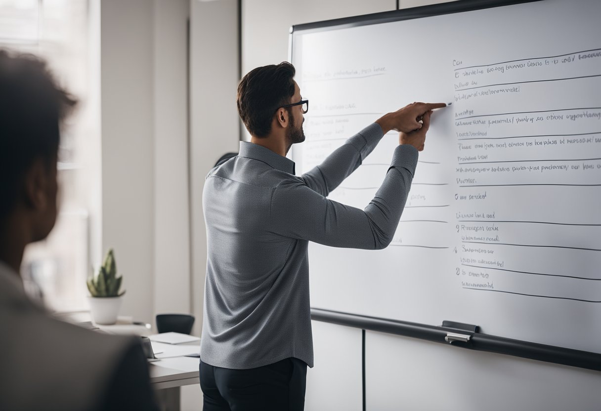 A professional trainer stands in front of a whiteboard, pointing to a list of benefits. A group of people are engaged and attentive, taking notes and nodding in agreement