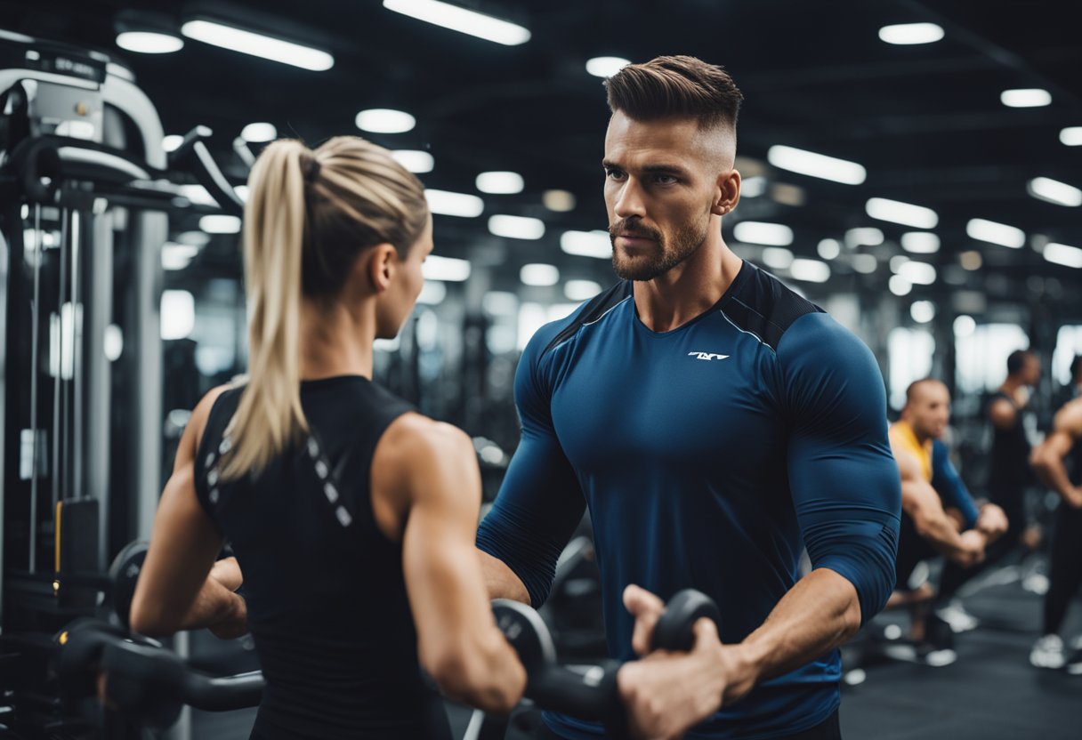 A person following a professional trainer's guidance, using various gym equipment efficiently, with a focused and determined expression